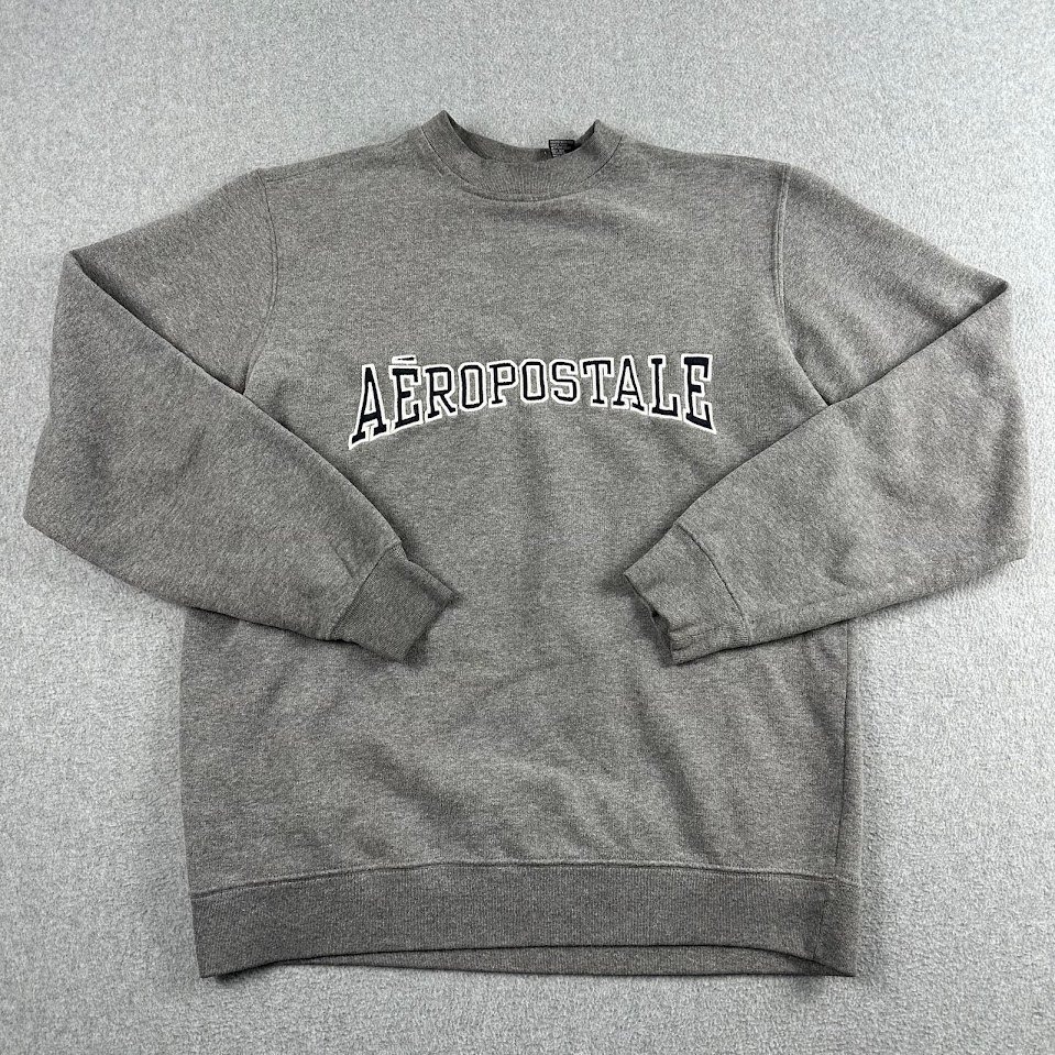 Aeropostale Mens Small Gray Spellout Crewneck Sweatshirt Embroidered Logo Y2k